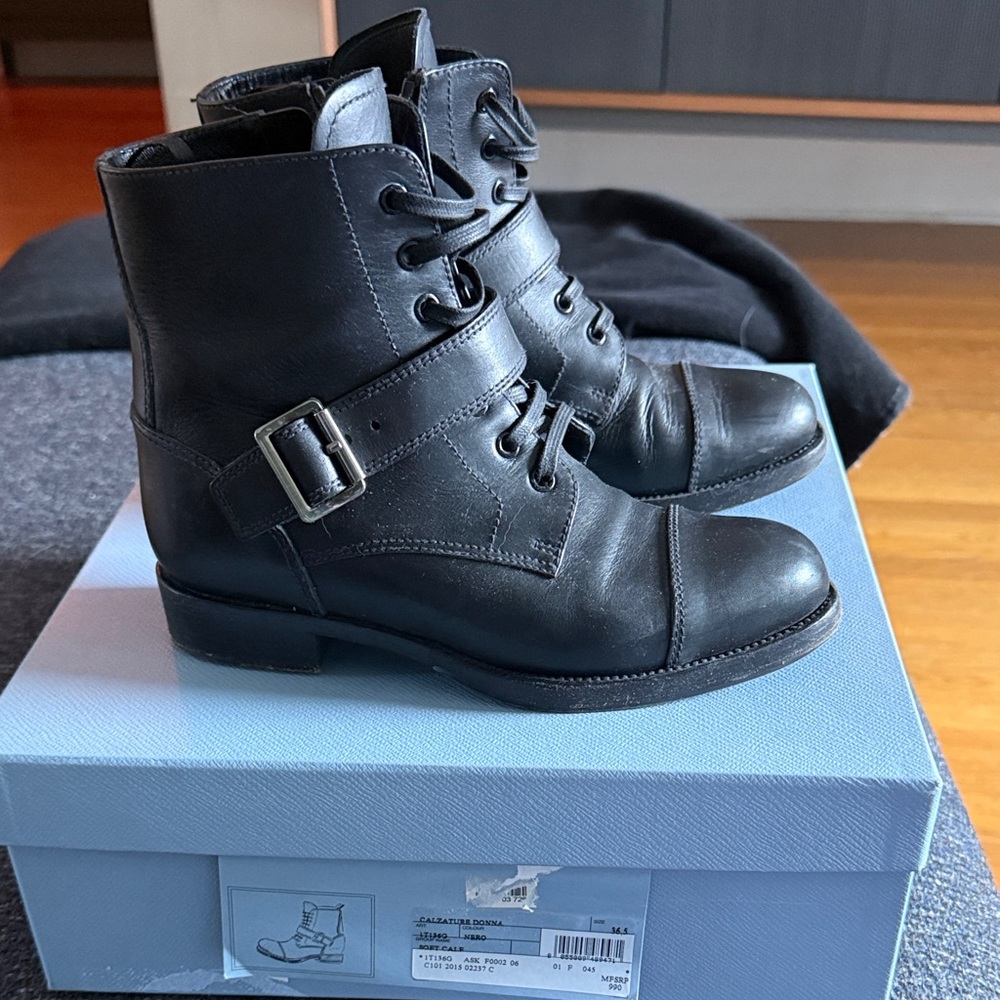 Prada Black Leather Lace-Up Combat Boots with Buckle Strap